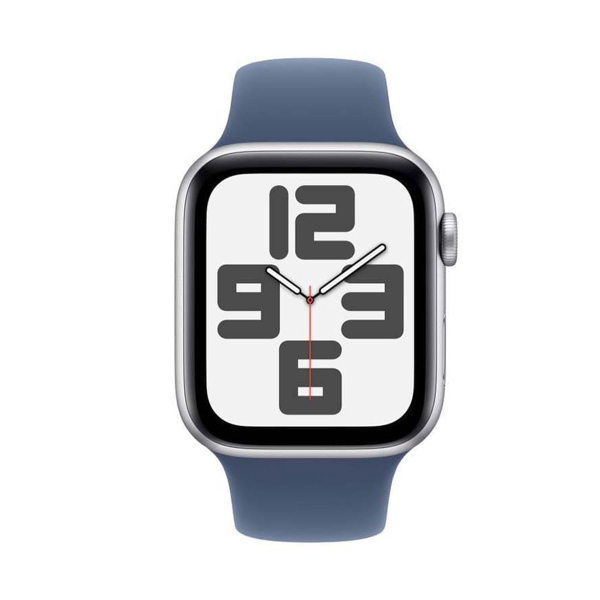Apple Watch SE (2024), 44 мм корпус из алюминия цвета «Silver», ремешок Sport Band размера S/M цвета «Denim»