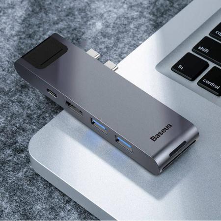 Переходник Baseus для MacBook HUB TB3 C+ (Dual Type-C to USB3.0/HDMI/Type-C/SD/Micro/LAN) (CAHUB-L0G) Deep Grey, тёмно-серый
